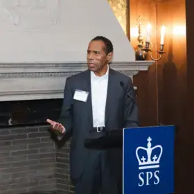 Columbia SPS lecturer Dr. Ramone Segree speaks at the Pedagogical Lab Celebration, held in January 2023 at the Italian Academy.