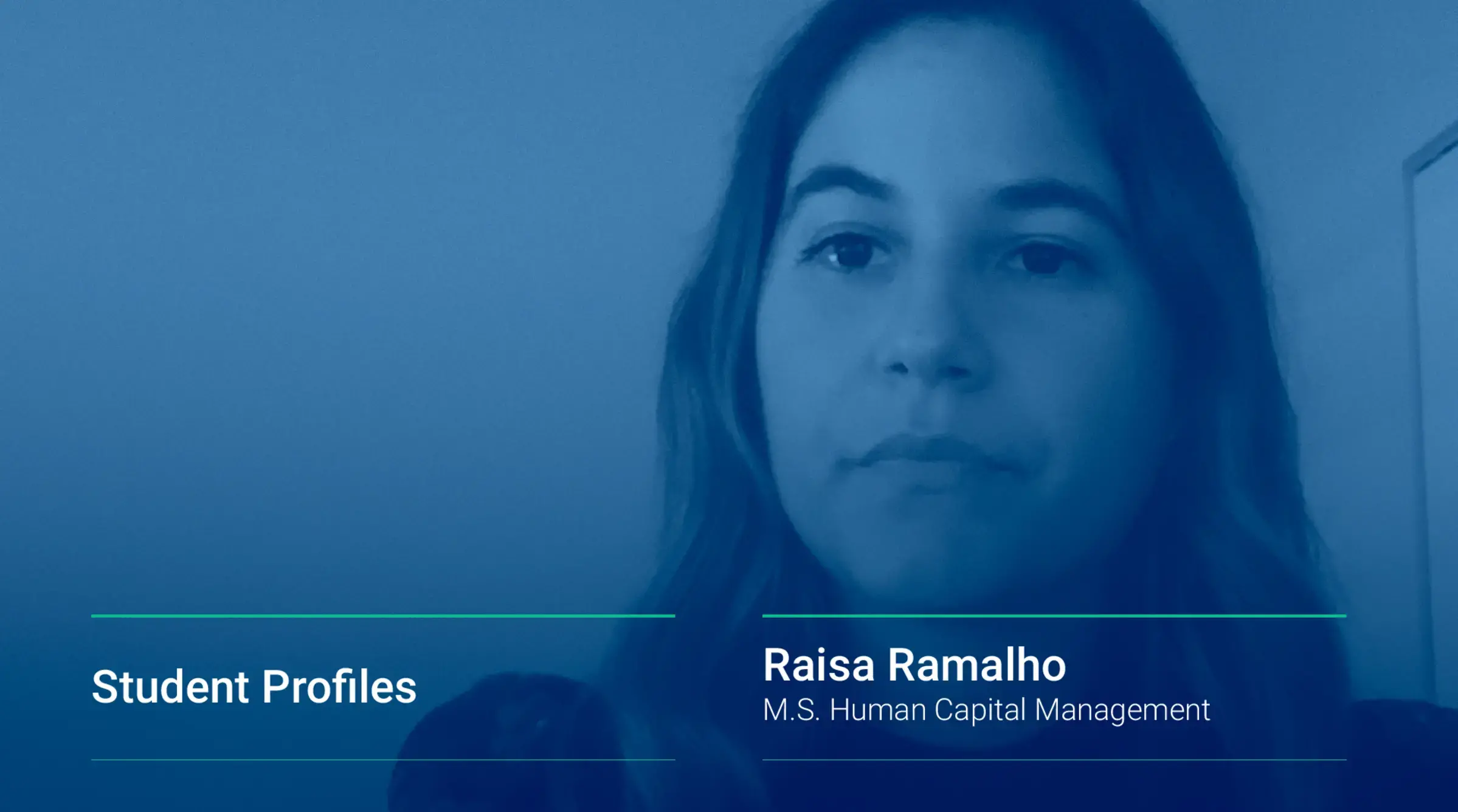 A cover image displays a still from Raisa Correa Ramalho's video interview about the Human Capital Management master's program.