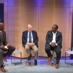 Dean Jason Wingard, Ph.D. (left) with the three speakers of Talks@Columbia, Season 3.