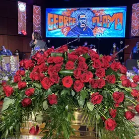 Casket and flowers at the funeral of George Floyd in Minneapolis, Minnesota