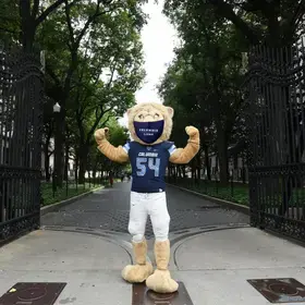 A photo of Columbia's mascot standing on College Walk on the Morningside Heights campus.