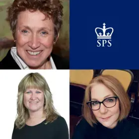 (starting top left, going counterclockwise) A photo collage of the Spring 2021 Insurance Management lecturers: Marguerite DeMartino, Mary Ann Susavidge, and Sandra Bograd.