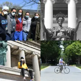 A collage of photos displays five students wearing masks outside, the Alma Mater, a masked student sitting outside of Lowe Library, and someone walking their bike through College Walk.