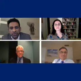 A screenshot of panelists (starting in top left corner, going clockwise) Sameer Ladha, Danielle Spencer, David Kruetter, and Bob Klitzman.