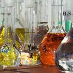 beakers filled with chemicals