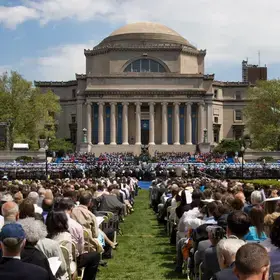 commencement on Columbia University's campus. Facing Low Library
