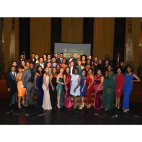 Students and graduates of the Columbia HBCU Fellowship Program gather for a photo at the five-year anniversary celebration in Low Library, Nov. 4..