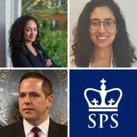 Clockwise, from top left: Gloria Chin (’18SPS), Noam Bar-Lev (’22SPS), the Columbia SPS logo, and Justin Meyers (’17SPS).