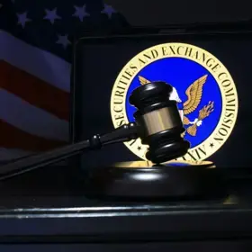 A gavel, American flag, and Securities and Exchange Commission (SEC) seal.