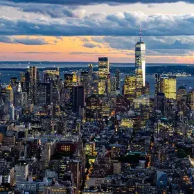 Aerial view of New York City buildings at night