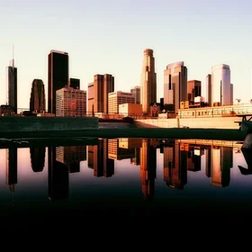 Buildings of Los Angeles, California, and their reflection on water