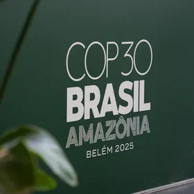 Sign that reads "COP30 Brasil Amazonia Belem 2025"