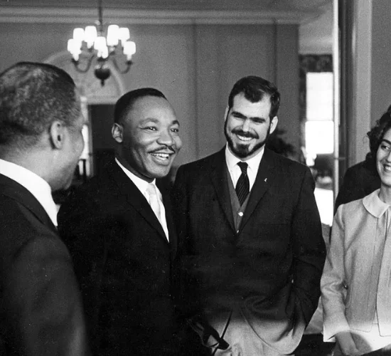 Martin Luther King, Jr., with "Owl" editor Wally Wood (center) and other students. Photo credit: Lawrence J. Howell