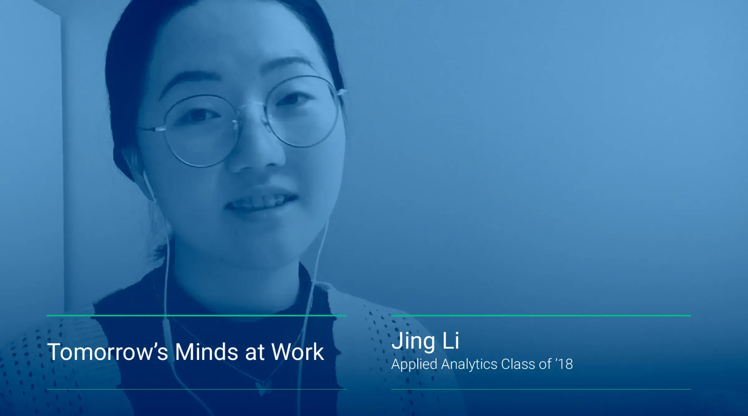 A photo shows Jing Li talking about her experience with Columbia's M.S. in Applied Analytics program.