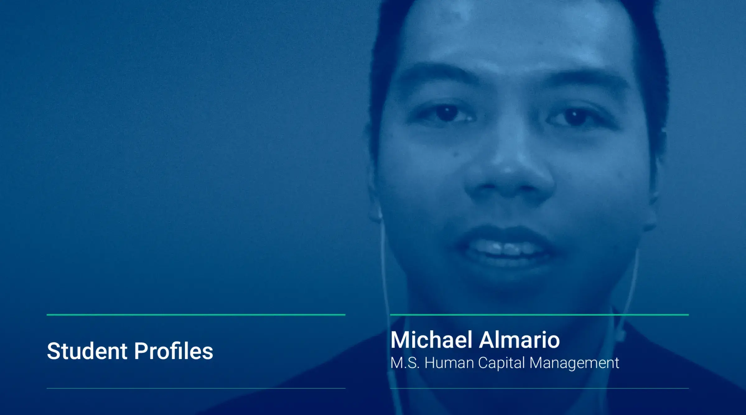 A still from Michael Almario's video interview about the Human Capital Management master's program.