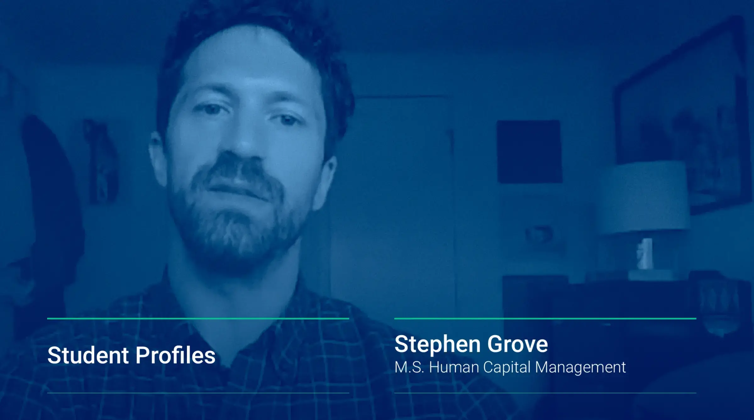 An image shows a still from Stephen Grove's video interview about the Human Capital Management master's program.