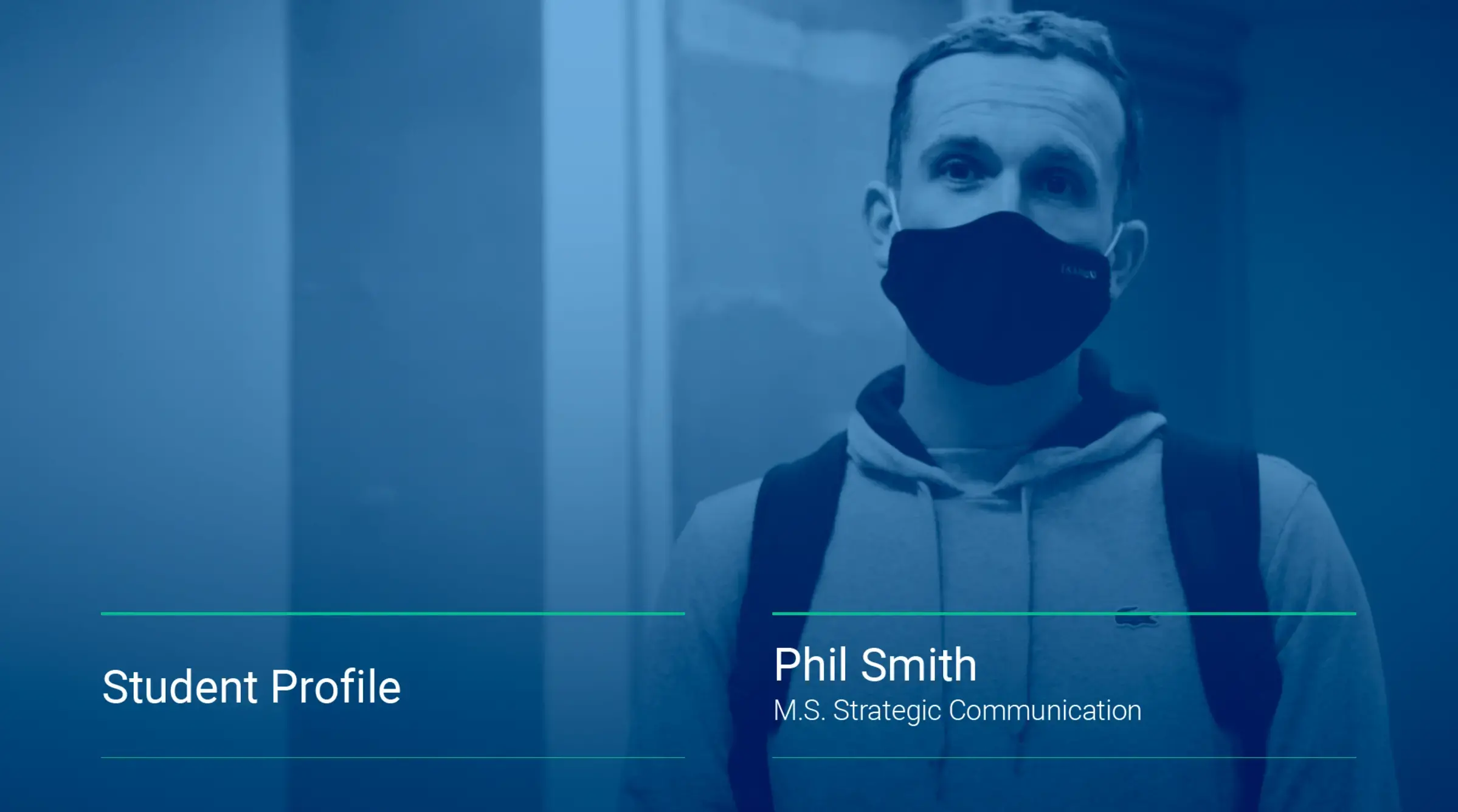 An image displays a still from a video interview featuring Phil Smith, '21SPS, Strategic Communication.