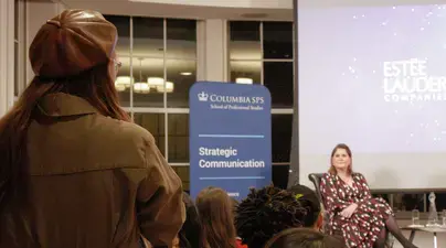 Strategic Communications student asks a question during fireside chat