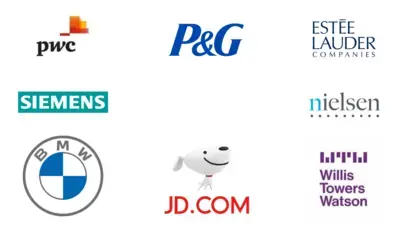 A collage of logos for companies Siemens, BMW, PricewaterhouseCoopers, JD.com, Nielsen, Willis Towers Watson, Proctor & Gamble and Accenture.