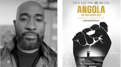 Headshot of Cinque Northern next to film poster of Angola Do You Hear Us