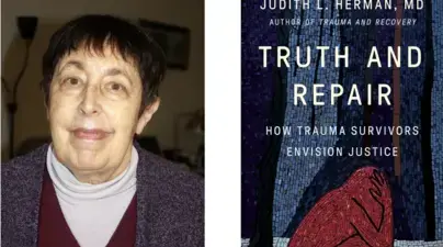 Side by Side of Herman in turtleneck and sweater to the left of book cover with mosaic image of person crouching in the forest