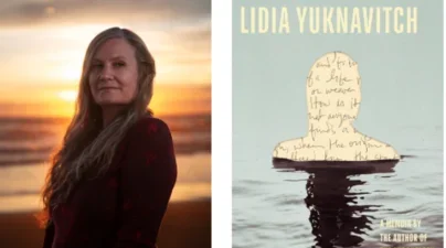 side by side images of author and bookcover. Author has long blonde hair and is standing on a beach at sunset. Bookcover is a piece of handwritten script in the shape of a human head and shoulders breaking the waterline of a large body of water