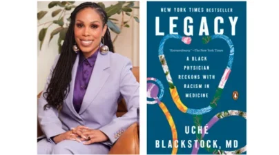 Side by Side images of Black woman smiling in lavendar suit next to dark blue book cover with a mosiac patterned stethescope