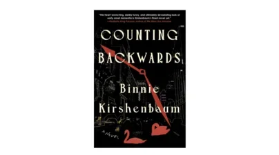 black book cover with red clock face and swans against a white sketch of an urban street