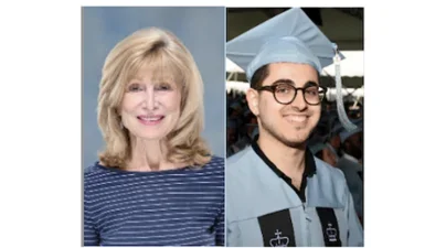 side by side image of blonde woman in striped shirt next to recent male CU graduate in regalia