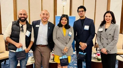 Shuchi Kulshreshtha pictured in the center, who spoke on an alumni panel at the SPS Global Reception in New Delhi.