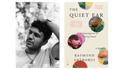 Side by Side image of Author outside with hand on his head next to book cover 