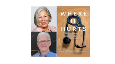 side by side headshots of editors and book covers