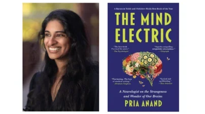 side by side images of author headshot and book cover