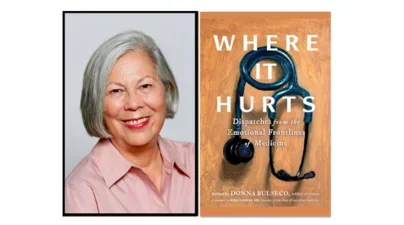 side by side image of editor next to sandy book cover with the image of a stethescope