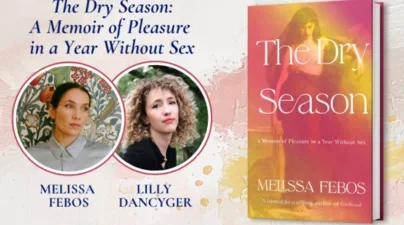 images of speaker and moderator next to pink and gold book cover