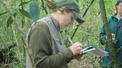 A student records ecological observations in a notebook while standing in a tropical forest monitoring plot.
