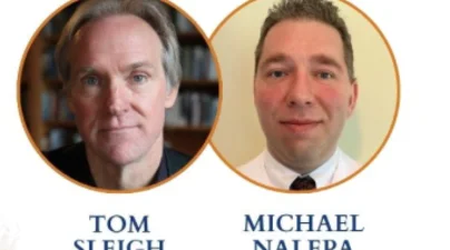 side by side image of author and moderator, two Caucasian men with kind eyes 